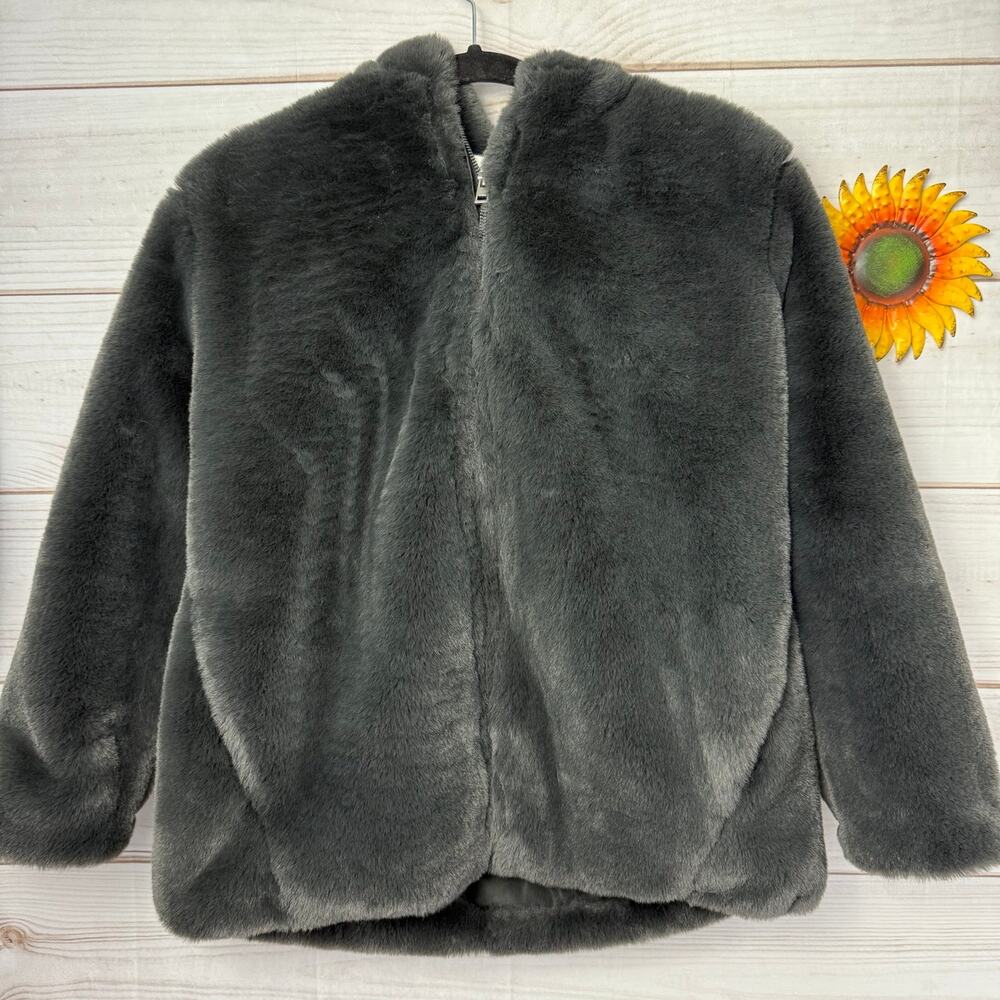 Zara Kids Gray Faux Fur Hooded Zip Up Jacket‎ Size 13/14